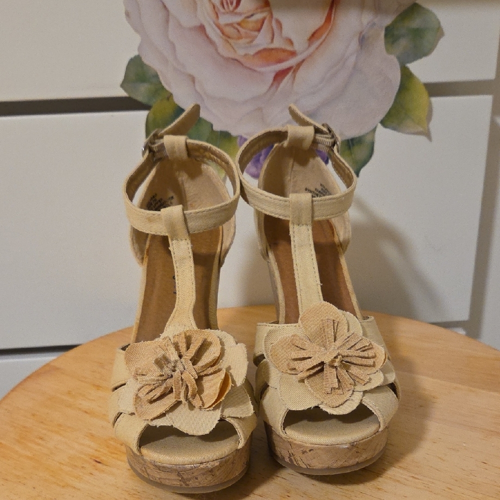 Madden Girl Cream Heels with T-Strap and Wedge